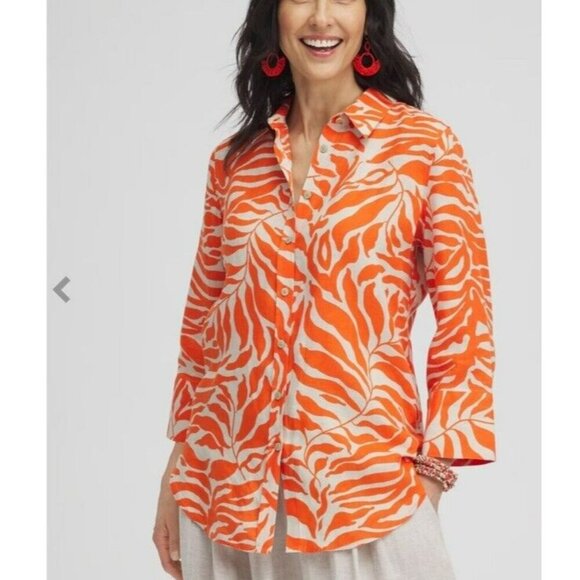 Chicos No Iron™ Linen Palms Shirt Orange And White Size 10 - Picture 1 of 16
